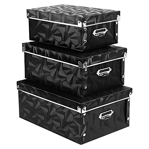 XUCHUN Foldable Storage Boxes with Lids 3 Pack Plastic Collapsible Storage Bins with Handles for Clothes, Cosmetic,Books - color: Black 3 pcs