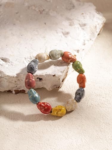 MINACHI Boho Hippie Colorful Ceramic Beads Strand Stretch Bracelet, Bohemian Summer Beach Jewelry Gift for Women - color: S07