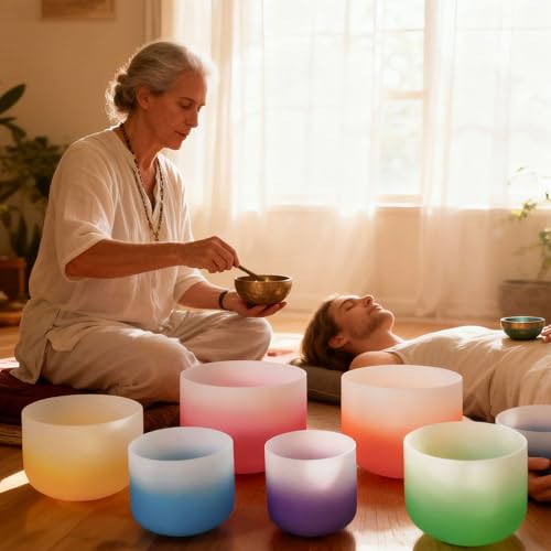 RYAN DVAN 432hz 6-12 Inch Set of 7 Pcs Gradient Design Quartz Crystal Singing Bowl Chakra Set Sound Therapy for Yoga, Reiki, Chakra Healing Energy Tuning & Mindfulness Kit