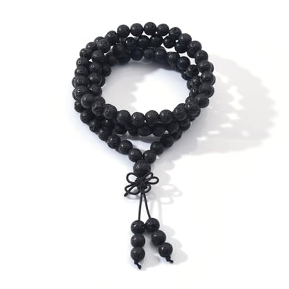 108 Mala Prayer Beads Bracelet 6mm Genuine Gemstone Healing Crystal Stone Beaded Bracelet Buddhist Tibetan Handmade Knotted Elastic Necklace for Yoga Meditation Unisex Women Men - color: Black Lava