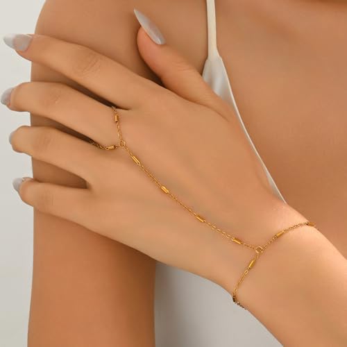 18K Gold Plated Hand Chain Bracelets for Women, Dainty Cubic Zirconia, Heart, Beads, Bamboo Link Charm Bracelet, Trendy Adjustable Finger Ring Bracelet, Hand Chain Jewelry, Christmas Gifts - style: Cylinder Hand Chain