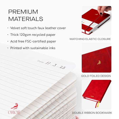Oriole Vegan Leather Ruled Notebook - Cherry Red | 176 Pages of Thick Lined Paper | Soft Touch Hardcover Journal (5 x 8 in) with Gold Foil Bird Design & Luxury Gift Box - color: Cherry Red