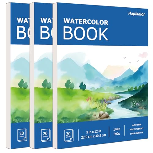 Hapikalor School Supplies for Teens, 3-Pack 9"x12" Watercolor Paper Pad, 140lb/300gsm, Premium Water Color Pad for Paint, Watercolor Pencils, Watercolor Pens, Charcoal, Oil Pastels and Acrylic, Blue - color: Blue, size: 9" x 12"(Pack of 3) Pad
