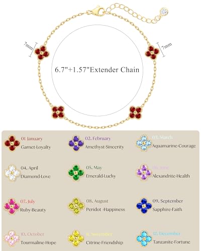 Birthstone Gold Clover Bracelet Dainty 14K Gold Plated Cute Friendship Stackable Bracelets for Women No Tarnish Trendy Charm Best Friend Bracelet Stack for Birthday Jewelry - color: 01. January(Garnet)