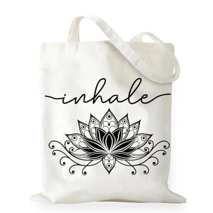 Inhale Exhale Tote Bag Gifts for Women Girl Yoga Lover Meditation Gift, Lotus Flower Zen Canvas Tote Bag Double-Sided Print Bags