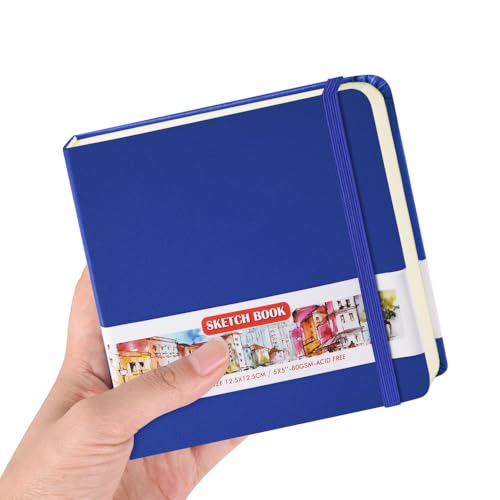 E-WEICHEN Square 5x5 inches 80gsm 96sheets/192 Pages Notebooks Blank Sketchbooks Travel Journal Pocket Hardcover Paint Writing Diary Memo Planner PU Leather Cover. Sapphire Blue - color: PU Cover-5x5in-Sapphire Blue