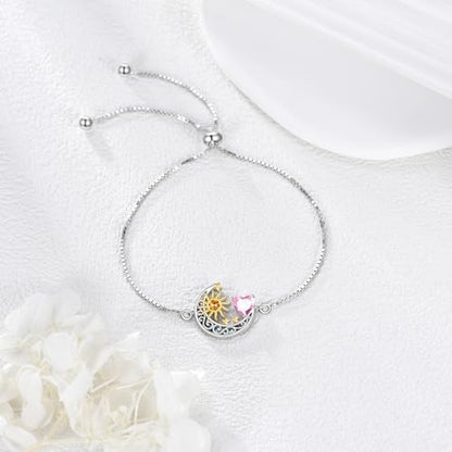 925 Sterling Silver Moon and Sun Star Adjustable Link Bracelet for Women with 12 Month Birthstone Birthday Jewelry - style: 10 - Oct.