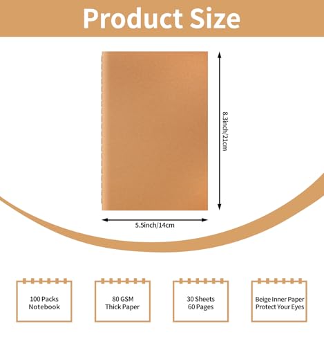 100 Pack A5 Ruled Lined Kraft Notebooks Bulk, Journaling Notebooks, Soft Cover Composition Notebook, 8.3x5.5 Inches 60 Pages Travel Journal Notebooks Set for Work, School, Writing - style: Brown-100-Lined