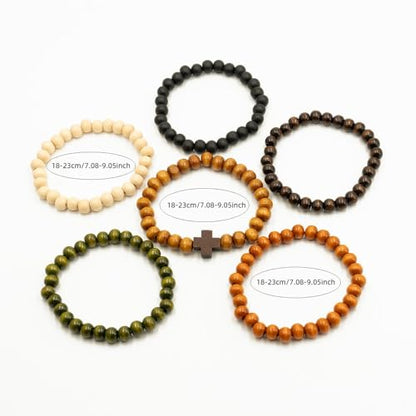 6-Piece Stack, Cross Bangle Wooden Bead Bracelet Set - Beaded Bracelets for Women Men 8mm Round Beaded Stretch Bracelets Unisex Yoga Bracelet