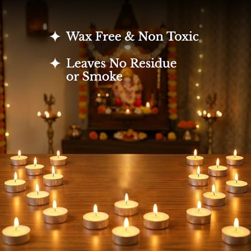 Shubhkart Tejas Premium Ghee T-Light Candle Set of 50 Wax-Free Smokeless Tealights for Prayer Rooms, Meditation, Home, Festive Events, Weddings & Gifting with Bright Long-Lasting 3-Hour Pure Flame