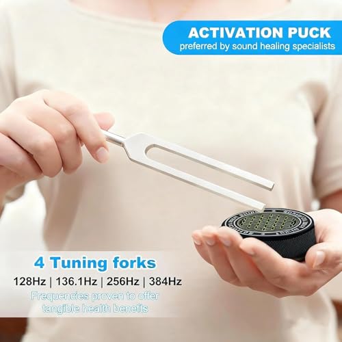 Tuning Fork Set 128Hz,136.1Hz,256Hz,384Hz with Activator Generates Weighted and Unweighted Sounds for Chakra Balancing,Yoga,Meditation and Relaxation