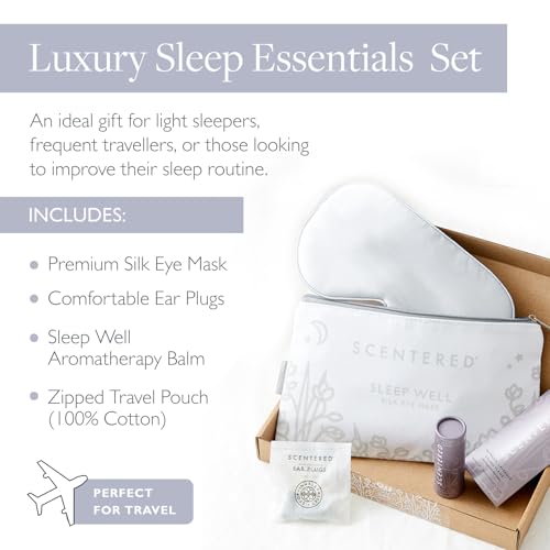 Scentered Sleep Essentials Travel Sleep Gift Set - Aromatherapy Sleep Well Balm, Luxury Silk Eye Mask & Ear Plugs for Sleeping - Lavender Essential Oil Blend - Self-Care Gifts for Women - size: Eye Mask, Travel Balm & Ear Plugs in Travel Pouch