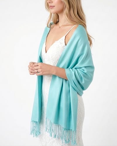 Achillea Lightweight Pashmina Scarf for Women – Soft Silky Shawl Wrap for Evening Dresses, Bridesmaids & Everyday Wear - color: Light Turquoise