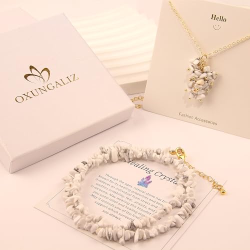 2Pcs Crystal Necklace for Women Handmade Choker Necklaces Pendant Necklace Natural Stone Gemstone Beaded Necklace 18k Gold Plated Adjustable Dainty Necklace for Women - color: Howlite