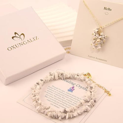 2Pcs Crystal Necklace for Women Handmade Choker Necklaces Pendant Necklace Natural Stone Gemstone Beaded Necklace 18k Gold Plated Adjustable Dainty Necklace for Women - color: Howlite