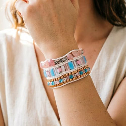 YGLINE Natural Stone Wrap Bracelet for Women Boho Bracelets Healing Crystal Beaded Bracelet Adjustable 3/5 Wraps Bracelet Handmade Birthday Gifts for Women - color: blue＆pink