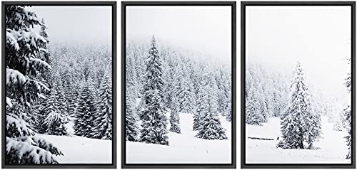 wall26 Framed Canvas Print Wall Art Set Duotone Winter Snow Forest Trees Nature Wilderness Photography Realism Rustic Landscape Colorful Cool for Living Room, Bedroom, Office - 16"x24"x3 Black - color: A18-04-win29, size: 16" x 24" x 3 Panels BLACK