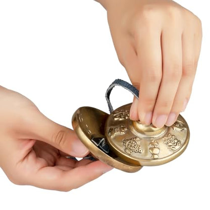 Tibetan Tingsha Cymbals, 2.6 inch Bronze Meditation Bells with Drawstring Bag, Traditional Sanskrit Design for Percussion Instrument