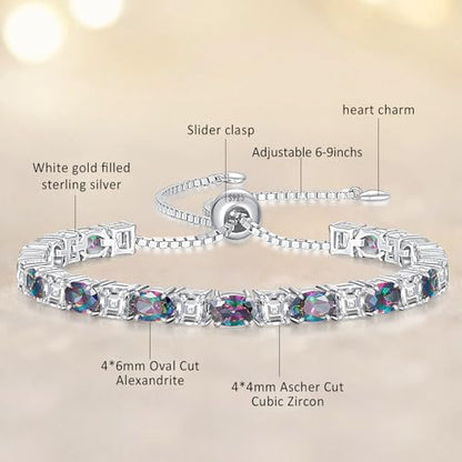 Sterling Silver Birthstone Bracelets for Women White Gold Tennis Bracelets Adjustable Chain 6-9 Inchs Jewelry Hypoallergenic Anniversary Birthday Gifts for Women Mom Wife Her - color: 06-Alexandrite