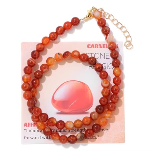 Healing Crystal Necklace for Women Men Colorful 6mm Natural Stone Beaded Choker Gemstone Necklaces with Card Handmade Reiki Spiritual Jewelry Gift - color: Carnelian