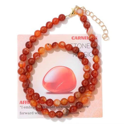 Healing Crystal Necklace for Women Men Colorful 6mm Natural Stone Beaded Choker Gemstone Necklaces with Card Handmade Reiki Spiritual Jewelry Gift - color: Carnelian
