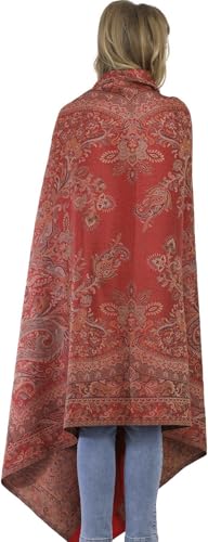 Exotic India Reversible Jamawar Shawl with Woven Paisleys - Wool - color: Maroon