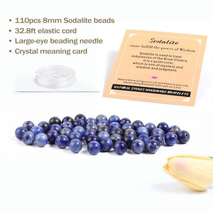 AD Beads 8mm Natural Round Loose Beads 110 Pieces, for Making 108 Mala Prayer Beads Necklace, Bracelet & Yoga Meditation, Jewelry Design (Blue Sodalite) - color: Blue Sodalite, size: 8mm-110pcs