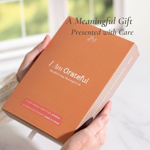 I Am Grateful — Weekly Gratitude Journal Set | 52 Prompt Cards, A5 Journal, Wooden Display Stand & Guided Audio | Mindfulness Gift for Women & Men