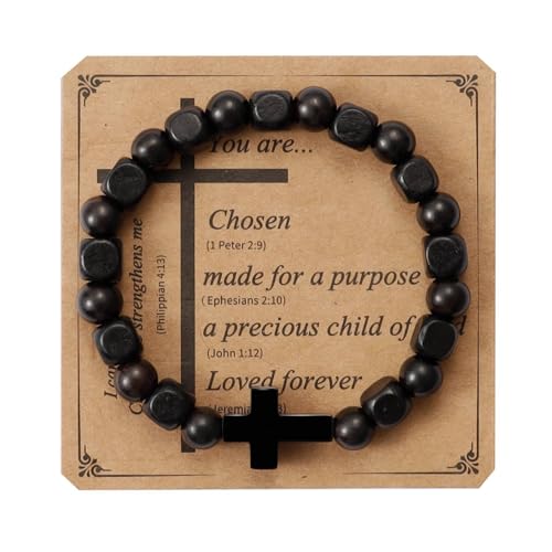 MILAKOO Wooden Bracelet with Black Stainless Steel Cross Charms Bead Christian Gifts for Women Men - color: D1