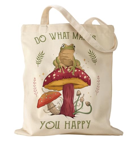 Miss Adola Aesthetic Canvas Tote Bag - Reusable Shoulder Tote Bag for Women Lady Casual Vacation, Shopping, Work, Gym - style: Mushroom Frog