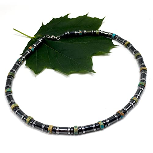 Healing Stress Anxiety Meditation Grounding Energy Gemstone Necklace Series - color: Turquoise & Hematite -6 mm- Stone Tube Beads