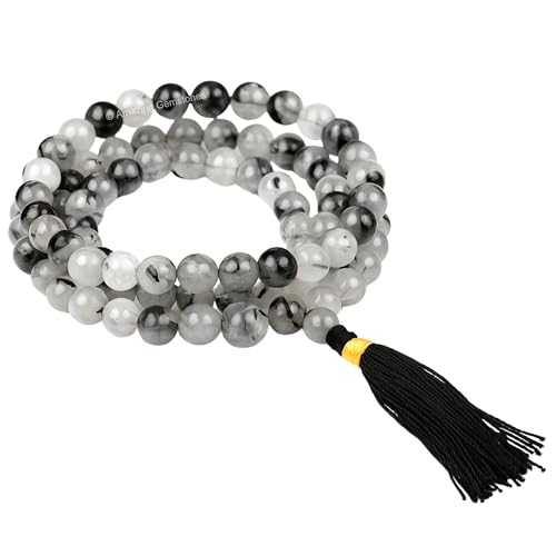 Amazing Gemstone Black Rutilated Quartz Mala Beads - 108 Prayer Beads for Meditation and Mindfulness Practice, Handcrafted Mala Beads with Gemstones for Spiritual Healing and Relaxation (Plain) - color: Black Rutilated Quartz, style: Plain