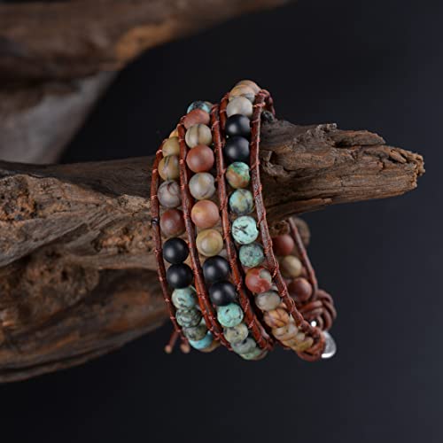 YGLINE Natural Stone Wrap Bracelet for Women Boho Bracelets Healing Crystal Beaded Bracelet Adjustable 3/5 Wraps Bracelet Handmade Birthday Gifts for Women - color: African Turquoise