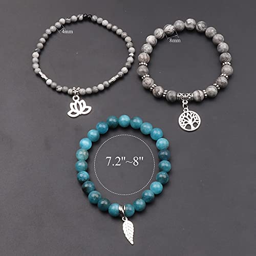 Tree of Life Yoga Healing Stone Bracelets,Multilayer Lotus Chakra Stone Reiki Bracelet Sets,Anxiety Crystal Natural Stone,for Women Stress Relief - style: Grey Map Jasper+apatite