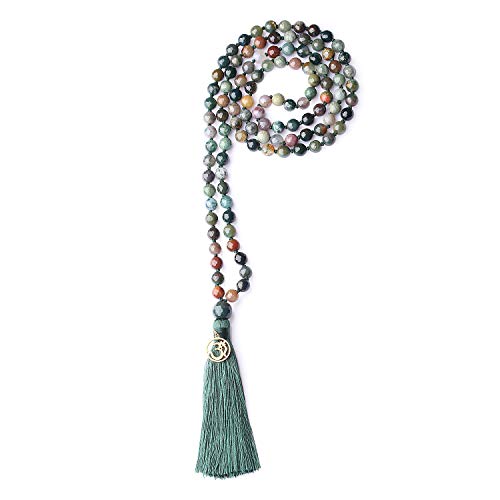 COAI OM Charm Hand Knotted Tassel 108 Mala Beads Necklace - color: Faceted India Agate, size: 8mm