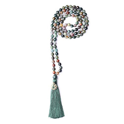 COAI OM Charm Hand Knotted Tassel 108 Mala Beads Necklace - color: Faceted India Agate, size: 8mm