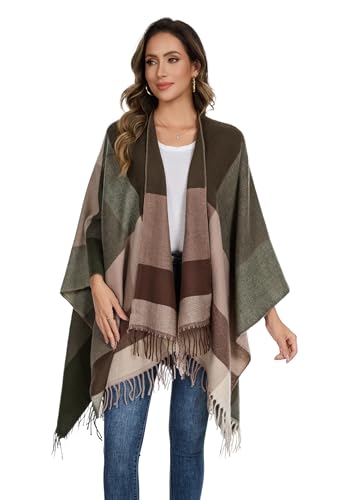 Shawl Wraps for Women, Elegant Knitted Cape Open Front Poncho Scarf Blanket Cardigan Coat for Spring, Autumn, and Winter - color: Green Beige