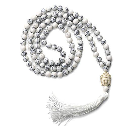LIUANAN 108 Mala Beads 8mm Natural Bracelet Healing Gemstone Yoga Meditation Hand Knotted Mala Prayer Bead Necklace - color: White Natural Turquoise