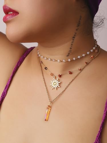 Sacina Layered Crystal Sun Necklace, Gothic Boho Hippie Summer Beach Necklace, Boho Hippie Jewelry, Christmas Jewelry Gift for Women - color: Gold