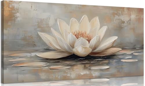 Zen Canvas Wall Art White Lotus Floral Bloom In Water Picture Wall Decor Lotus Poster Print Artwork for Yoga Spa Meditation Spiritual Room Bathroom Living Room Office 16x32in - color: Lotus Canvas Wall Art, size: 32"L x 16"W