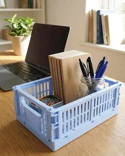 Mini Foldable Plastic Baskets for Organizing and Storage for Home Kitchen Bedroom Bathroom Office Blue DJA280-06 - color: Blue