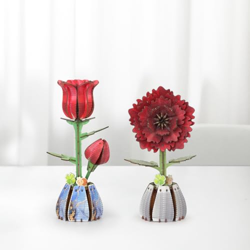 Jege 3D Flowers Wooden Puzzles for Adults, DIY Building Set with 2 Flowers, 2 Perfume Bottles & Diffuser Sticks, Creative Craft Gifts & Home Decor (Rose + China Rose) - color: Rose&china Rose
