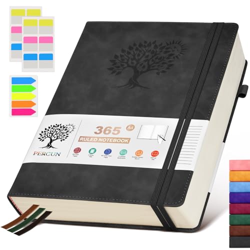 A4 Lined Journal Notebook，365 Page Large Leather Journals for Writing Women Men，Hardcover Notebook with 100Gsm Thick Pages for Travel，Work，School，College Ruled, Daily Diary (8.5" x 11.4") - color: Black, size: A4
