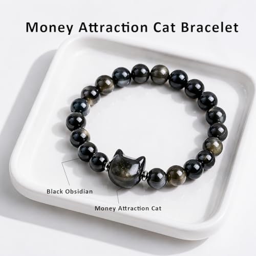 Beaded Bracelets for Women, Black Obsidian Money Attraction Bracelet, 8mm Healing Relax Anxiety Luck Crystal Bead Bracelets, Adjustable Jewelry Feng Shui Stretch Bracelet Cat Lover Gifts for Women Men