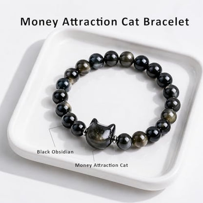 Beaded Bracelets for Women, Black Obsidian Money Attraction Bracelet, 8mm Healing Relax Anxiety Luck Crystal Bead Bracelets, Adjustable Jewelry Feng Shui Stretch Bracelet Cat Lover Gifts for Women Men