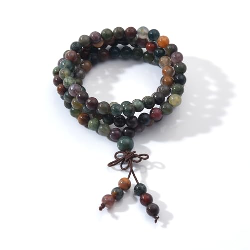 108 Mala Prayer Beads Bracelet 6mm Genuine Gemstone Healing Crystal Stone Beaded Bracelet Buddhist Tibetan Handmade Knotted Elastic Necklace for Yoga Meditation Unisex Women Men - color: Indian Agate