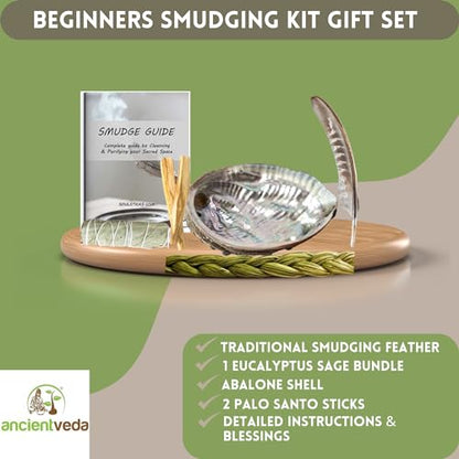 Ancient VEDA Healer's Kit: Complete Sage Smudge Kit Bundle w/Abalone Shell, Palo Santo, Sweetgrass, Turkey Feather & Guidebook – Spiritual and Energy Cleansing, Ritual Supplies, Smudging Essentials - color: Eucalyptus Sage, size: Healer's Kit