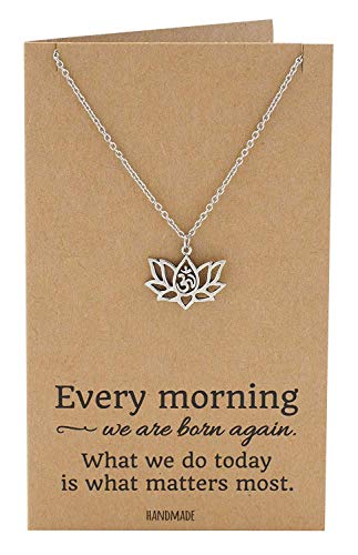 quan jewelry Yoga Lotus Flower Pendant Necklace with Om Symbol, Happy Birthday Gifts Ideas for Mom, Daughter, Women with Inspirational Quote on Gift Card - color: Silver-Tone