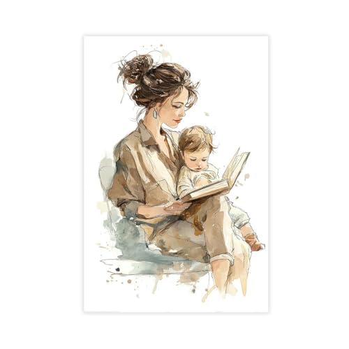 UZWGG 1pcs (Unframed，Canvas Only) Watercolor Elegant Mom Holding Son Reading Book Painting Prints Wall Art Simple Room Decor Great Mom Canvas Poster for Bedroom Nursery Decoration 08x12inch(20x30cm) - color: Mother and child-Frameless（Canvas Roll）, size: