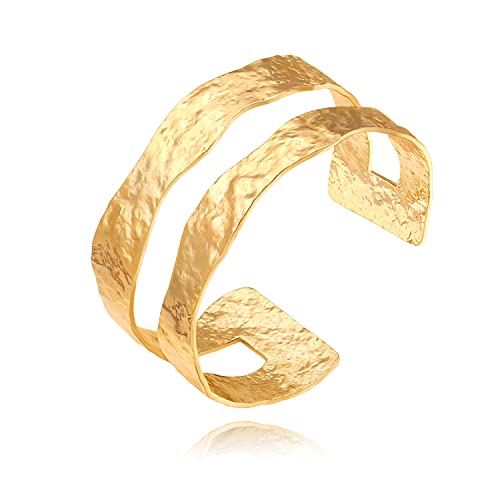 18K Gold Plated Open Cuff Bangle for Women Statement Brushed/Hammered/Textured Bracelet Layering Jewelry Love Gift for Her - style: Double Bangle